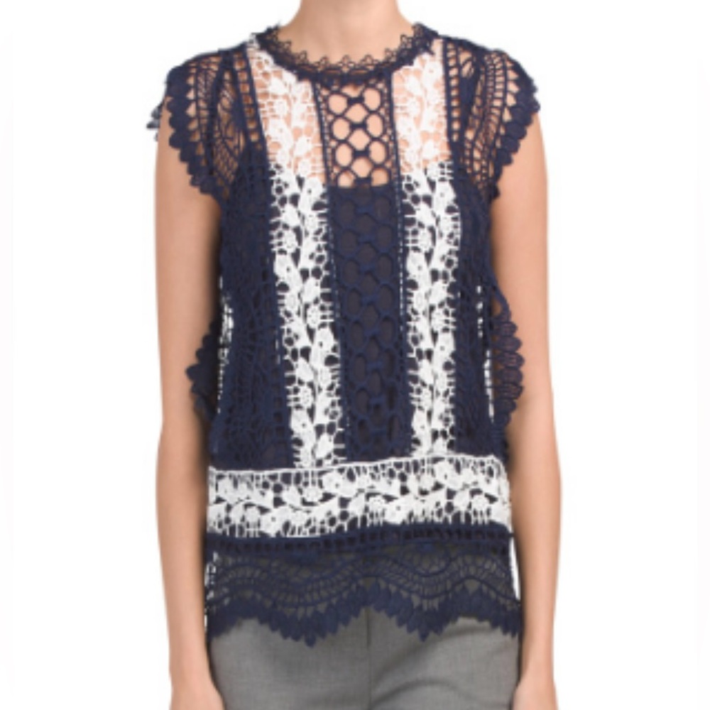 All Over Lace Tank Top, Navy/White size L